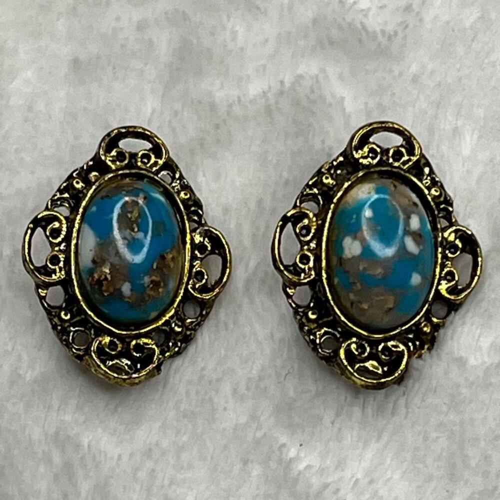 Vintage Gold Filigree Clip-On Earrings With Blue Marbled Stone